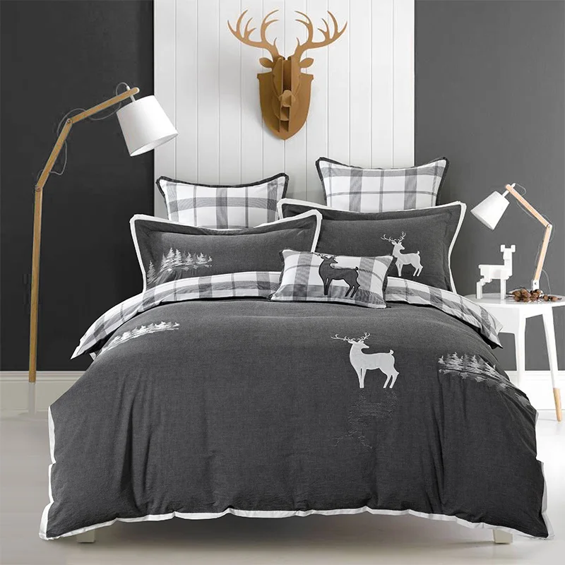 

Queen King size Pure Cotton Grey Bedding sets Soft Bedclothes Embroidery Deer Penguin Bed sheet set Duvet cover Pillowcases 4Pcs