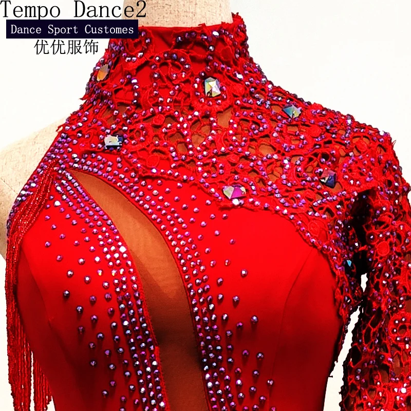 Женское красное платье для латиноамериканских танцев танцевальное конкурсов