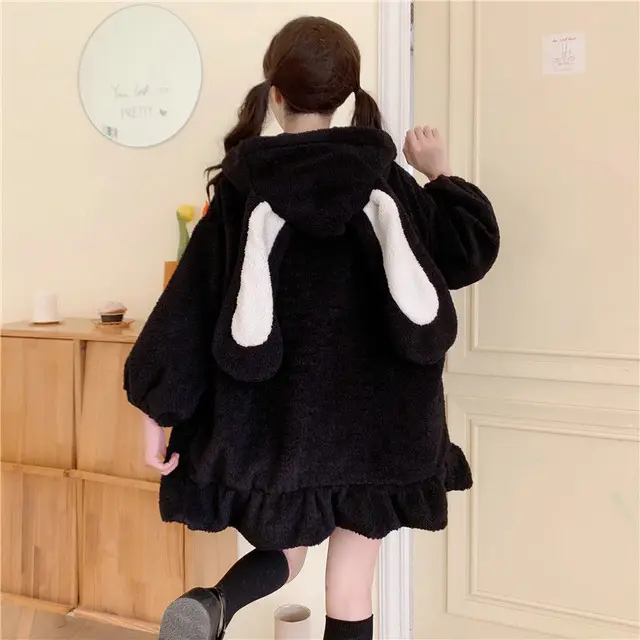 Rabbit Ears Hoodies Women Zip-up Sweatshirts Coat Long Lantern Sleeve Hooded Lolita Cute Sweet Girls Harajuku Warm Baggy Outfits 6
