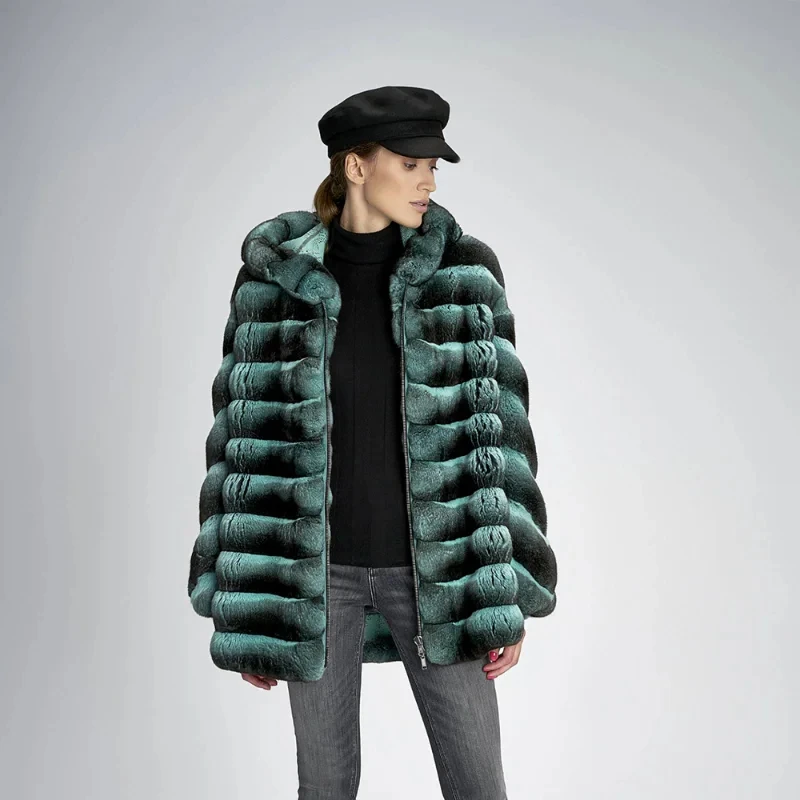 Модное женское пальто из натурального меха кролика рекс с капюшоном толстое