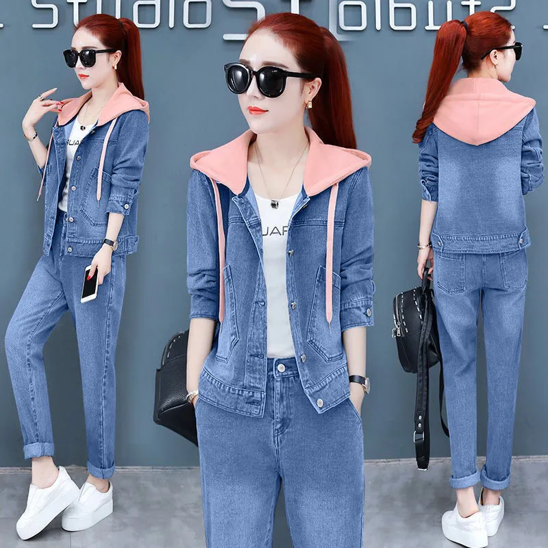 

One Piece/Set Women's 2022Spring New Denim Two-Piece Set Fashion Slim Cowboy Suit Female Jackets Casual Hooded Top Ladies Outfit