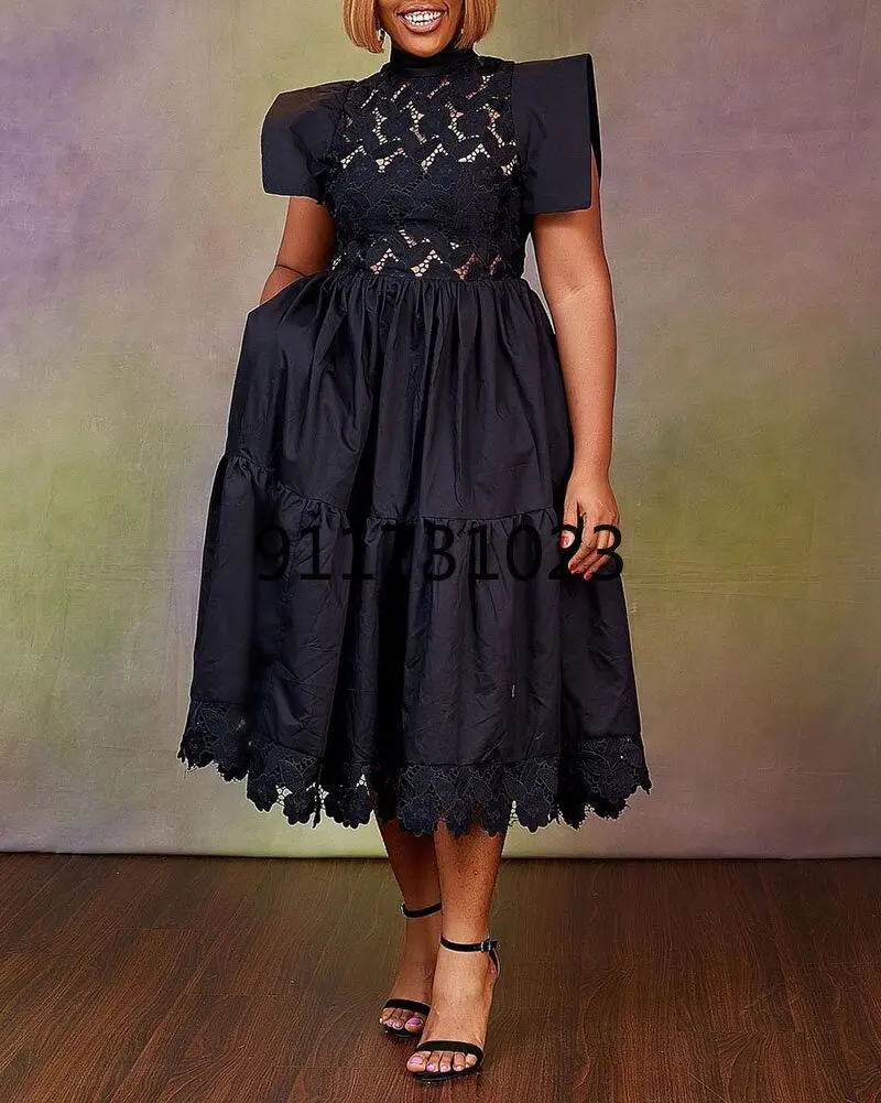 

African Dress Latezt Style Lady 2022 Summer Black Sleeveless Splice Hollow Out Pocket Dress Plus Size African Dresses For Women