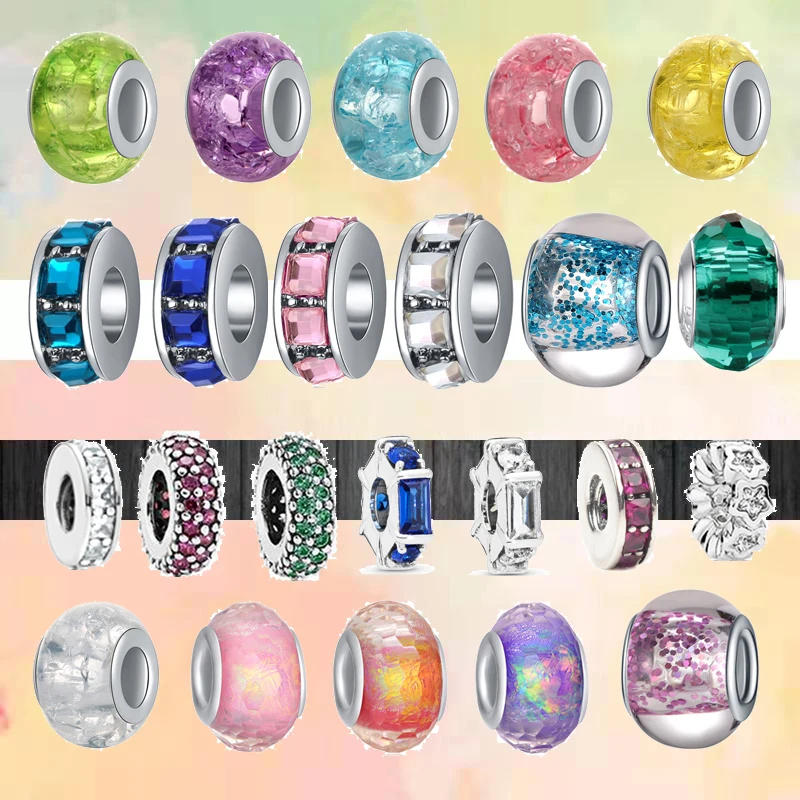 

New Sparkling Colorful Green Red Yellow Glass Round Beads Fit Original Pandora Charms Silver Color Bracelet DIY Women Jewelry