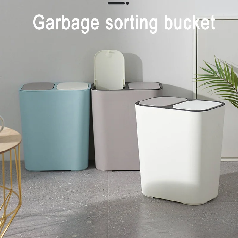 

Kitchen Trash Can Rectangle Push-button Dual Compartment Garbage Can 12l Dry & Wet Sorting Recycling Waste Bin Kitchen Storage