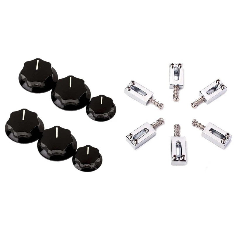 

6X Electric Guitar Bridge Saddles Flat Set & 6Pcs Control Knob Volume Audio Control Knobs For Jazz Bass Electric Guitar