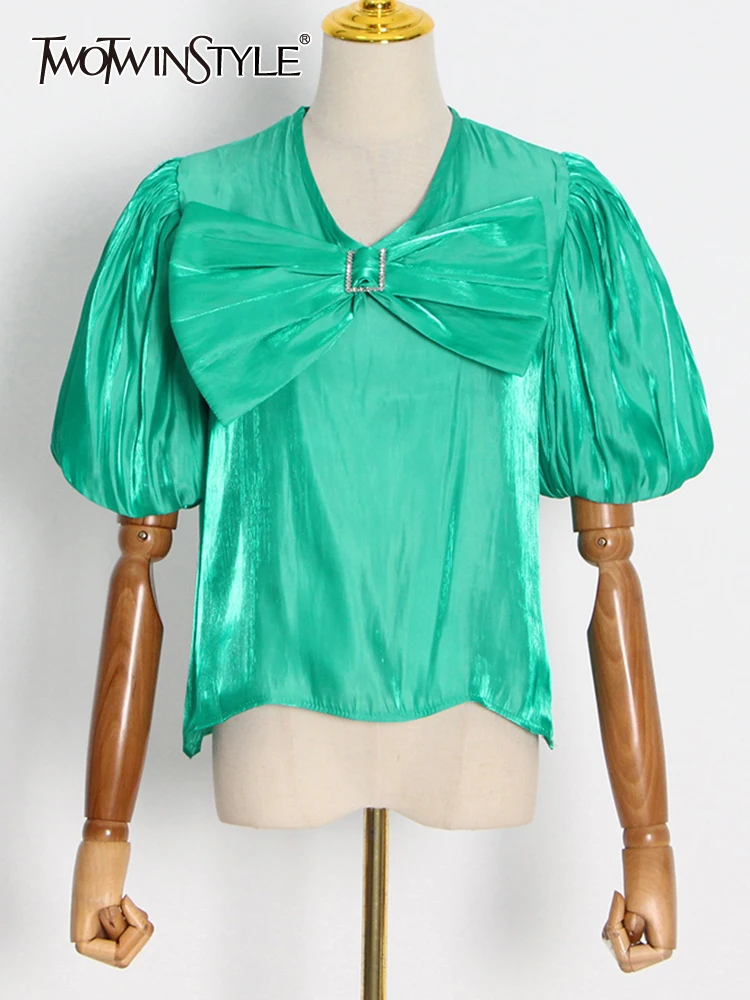 

TWOTWINSTYLE Solid Casual Shirt For Women V Neck Puff Sleeve Patchwork Bowknot Blouses Female Summer Clothing Fashion 2022 New