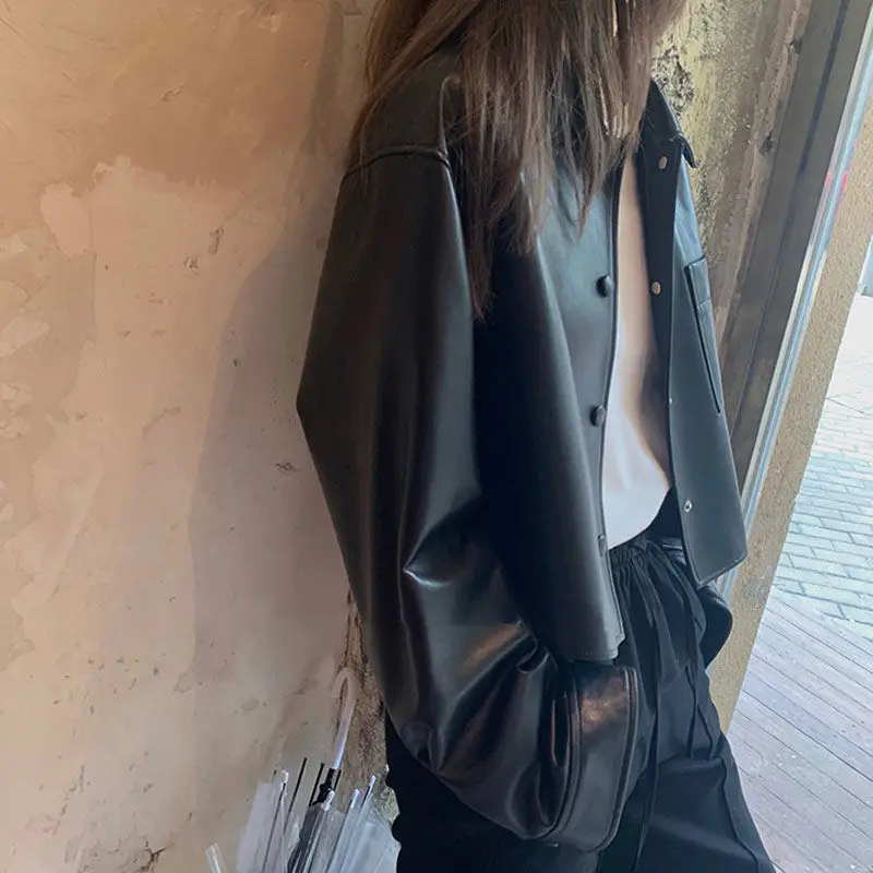 Vintage PU Leather Jacket Women Button Up Lapel Collar High Waisted Motorcycle Jackets Spring Fall Outfits Coats