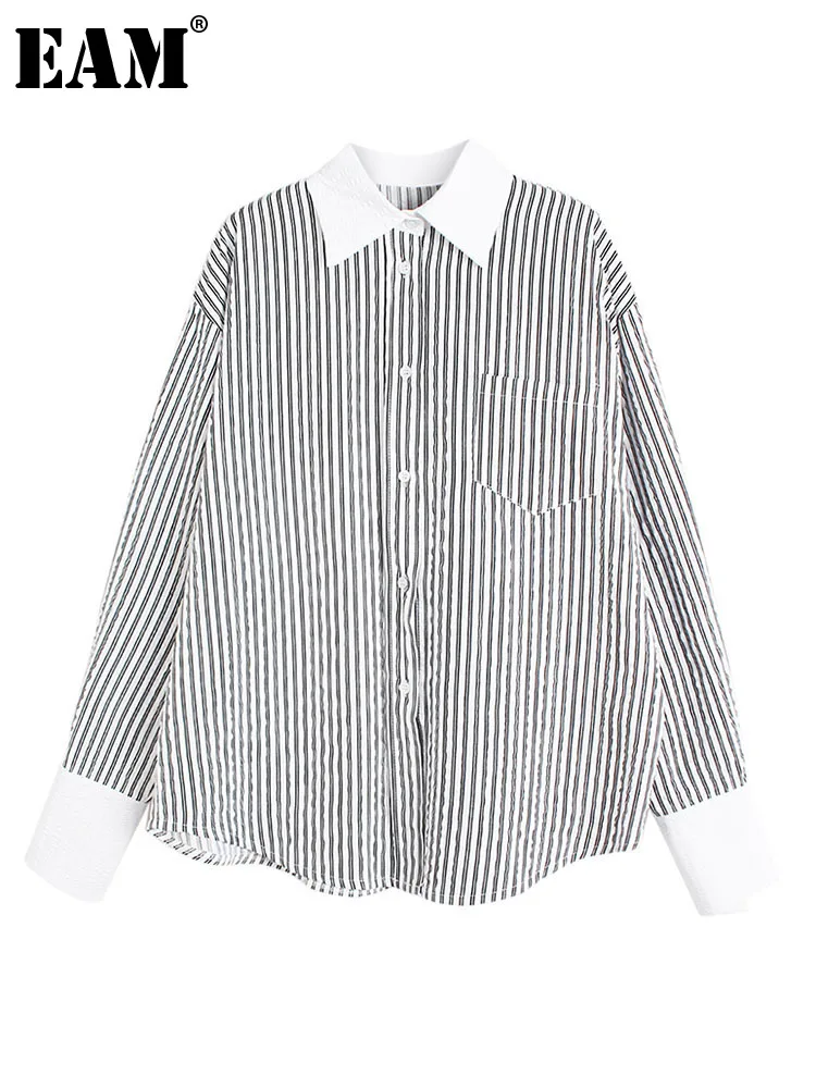 

[EAM] Women Green Striped Big Size Casual Blouse New Lapel Long Sleeve Loose Fit Shirt Fashion Tide Spring Autumn 2022 1DE7249