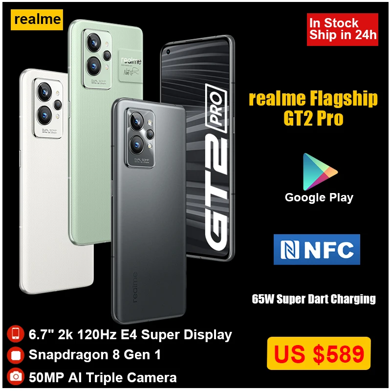 realme gt 2 pro 5g mobile phone snapdragon 8 gen1 120hz 2k amoled screen 5000 mah 65w charger 50mp google play nfc smartphone free global shipping