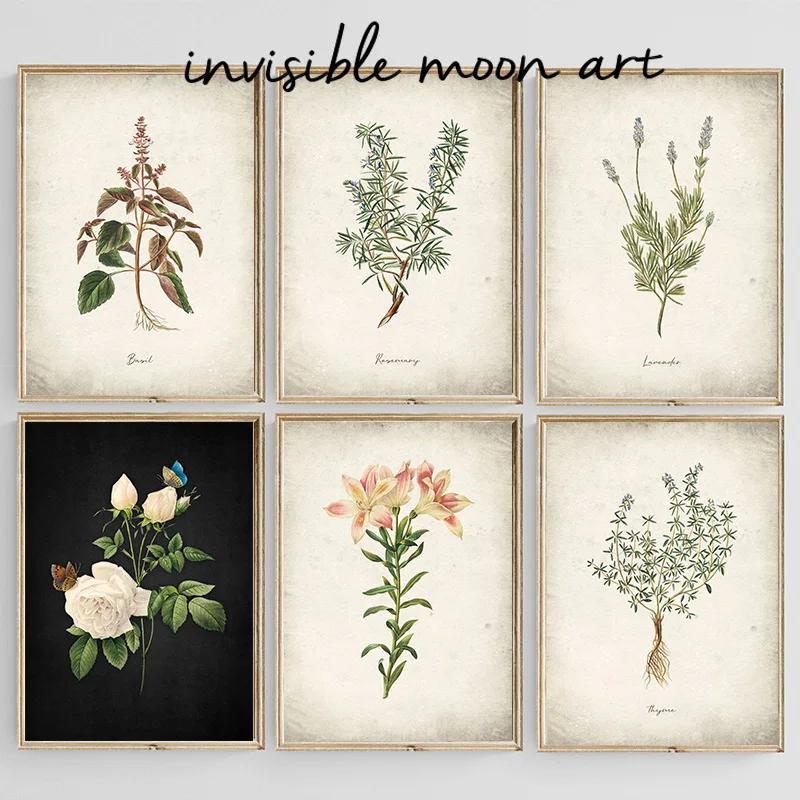 Ретро ботаническая лаванда базилик розмарин полевые цветы художественный