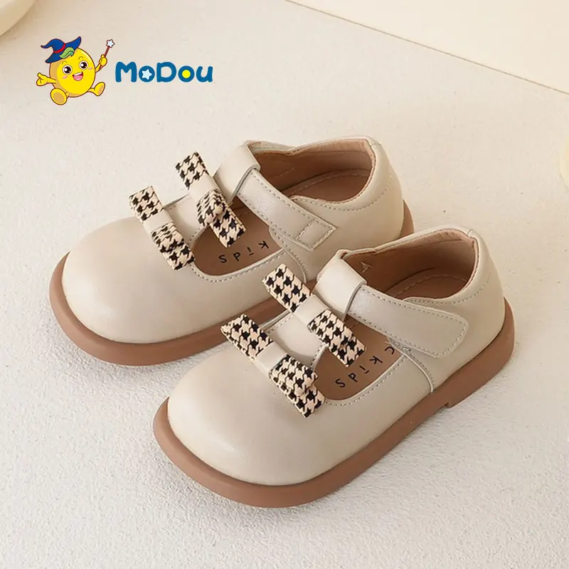 

Mo Dou Girl's Leather Shoes Soft Non-slip Retro Sweet Dual Bowknot Mary Jane Princess Small Shoes Cozy Breathable Korean Style