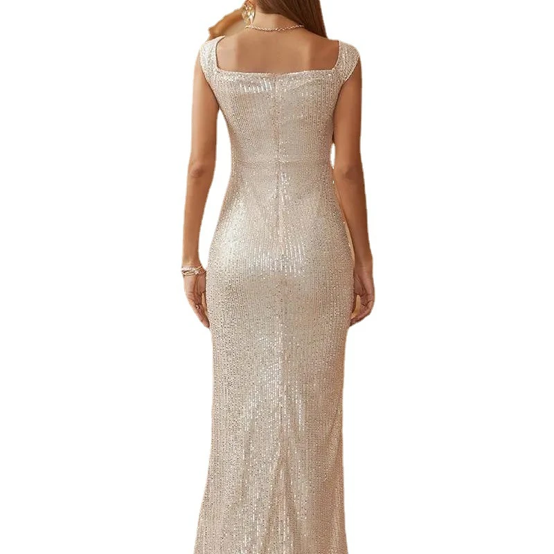 Elegant Sexy V-Neck Solid Color High Waist Slit Fringe Sequin Decorative Evening Dress Women Summer Fashion Party Dress