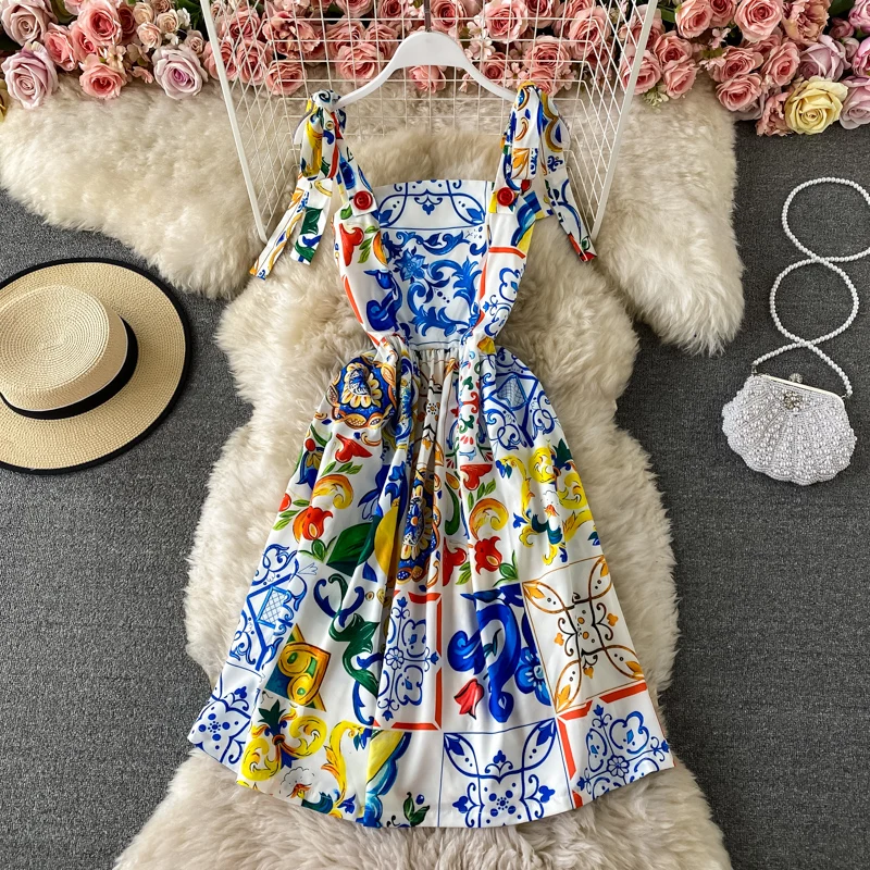 

2022 Summer Boho Dress Women's Bow Spaghetti Strap Backless Blue and White Porcelain Floral Print Mini Dress Clothing Robe Femme