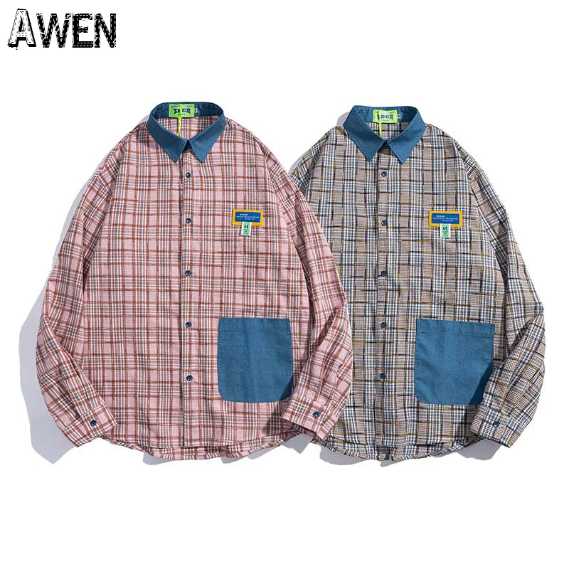 

Awen Korean Plaid Shirt for Women Man Fashion Oversized Loose Tumdown Collar Shirt Jacket Long Sleeves Casual Lattice Top Coat