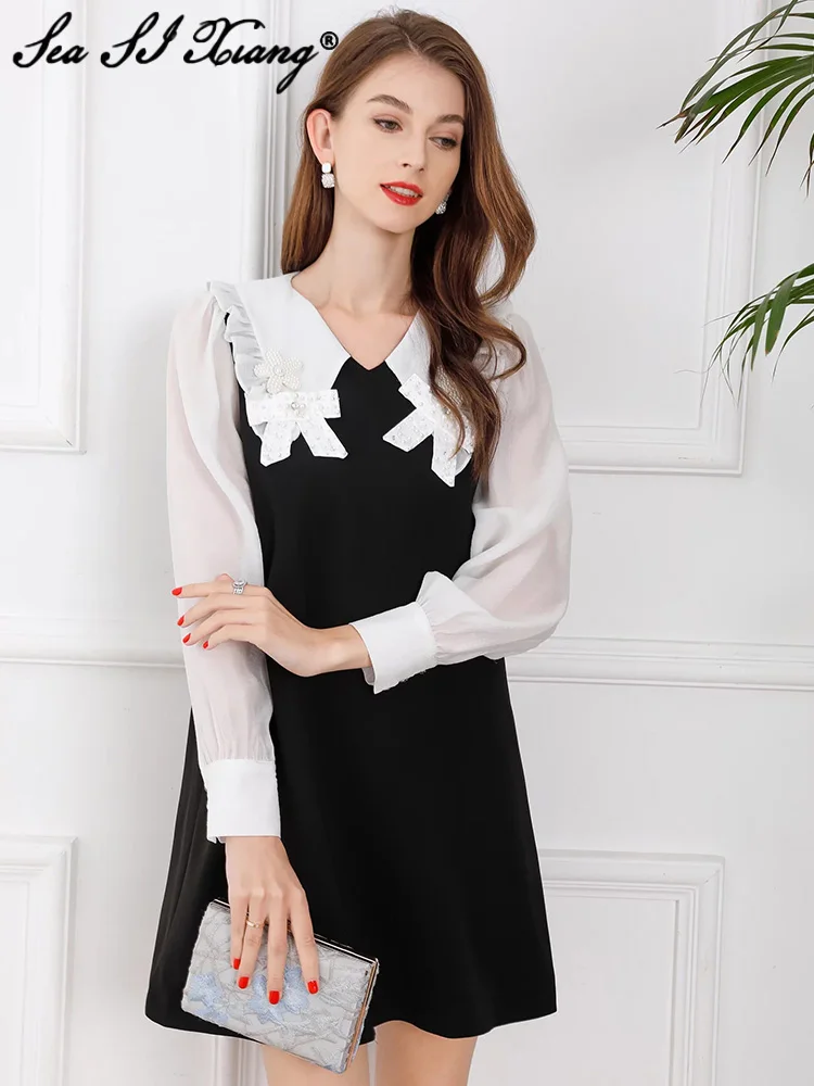 

Seasixiang модное дизайнерское весеннее женское платье с бисером и отложным воротником с длинными рукавами лоскутное вечернее мини-платье