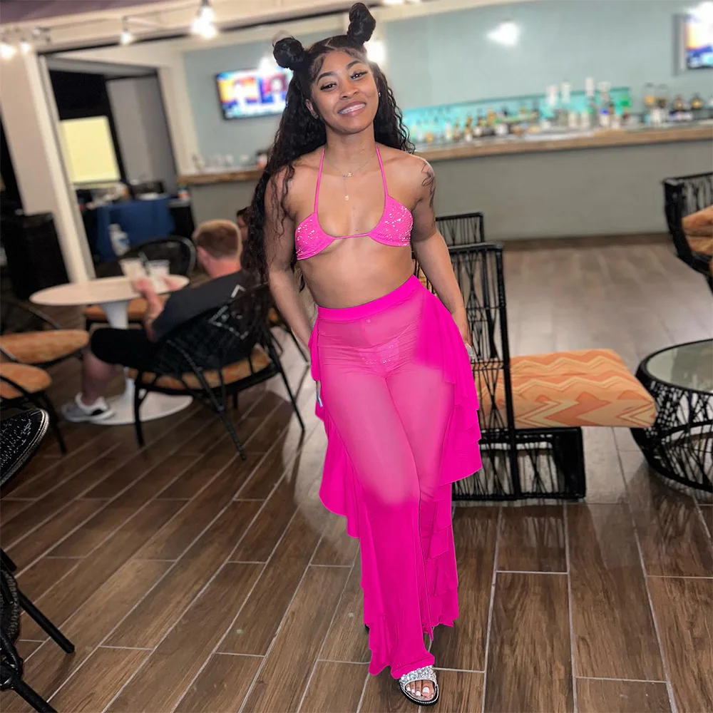 

Hot Drilling Bikini 3 Piece Set Summer Sexy Beach Wear Lace Up Bra Crop Top Ruffles Pants Club Sheer Mesh Tracksuit Women Outfit
