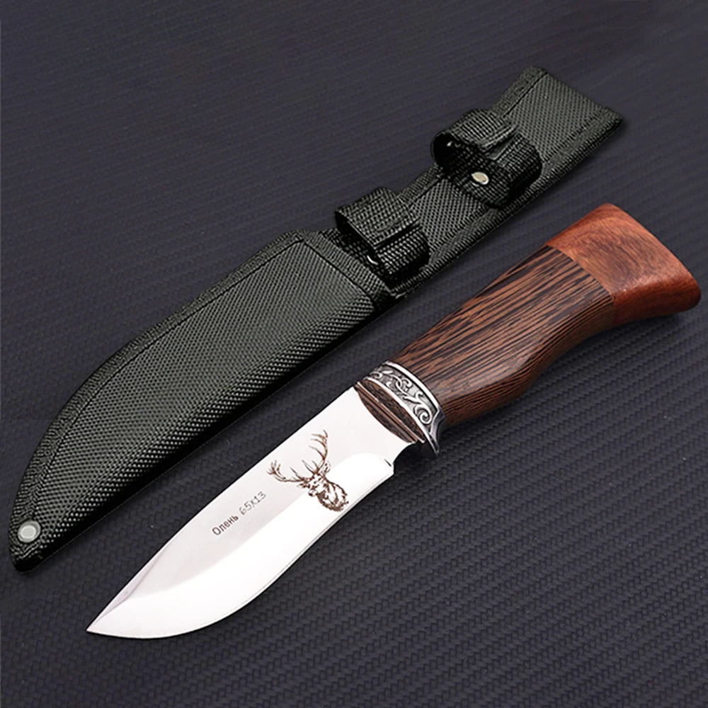 

Mengoing Double Wood Handle Design Knife Deer Corrosion Pattern Tactical Rescue Fixed Blade Knives Tool for Camping Hunting