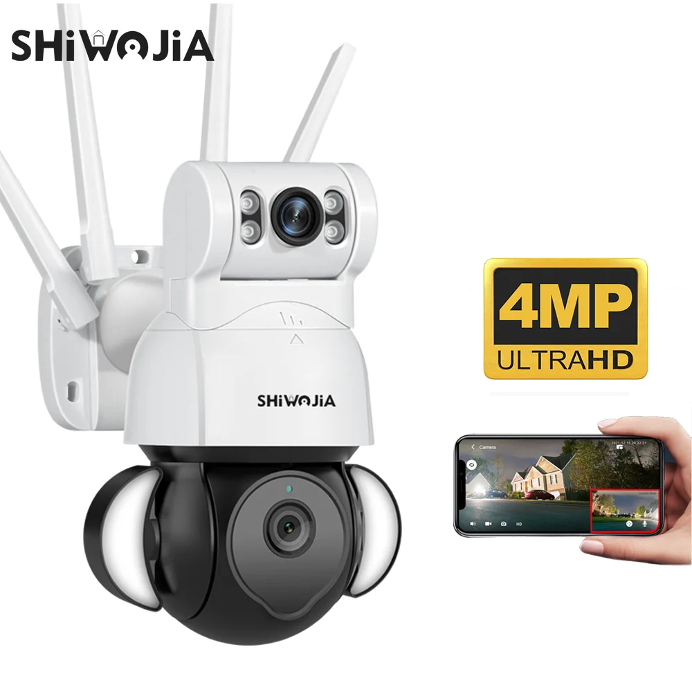 SHIWOJIA 4MP WiFi Camera Security Protection PTZ Cam Smart Floodlight Screen Tracking Dual Screen Outdoor Video Surveillance
