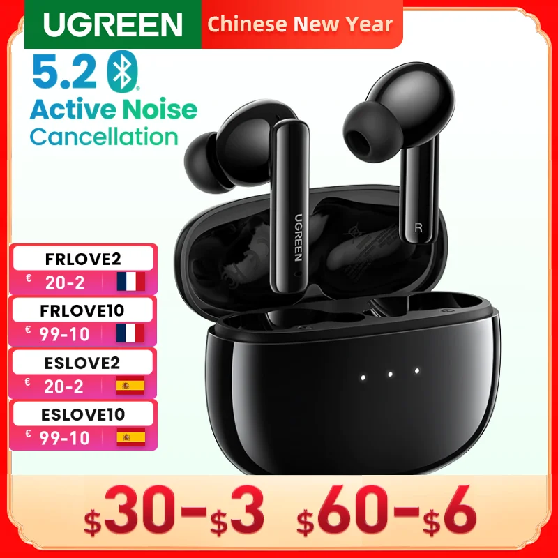UGREEN HiTune T3 ANC Wireless TWS Bluetooth 5.2 Earphones Headset Active Noise Cancellation, in-Ear Mics Handfree Phone Earbuds