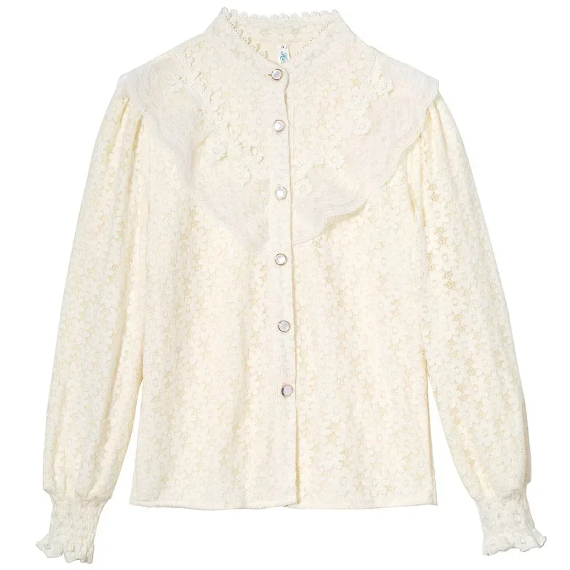 Новая кружевная женская рубашка с воротником-стойкой и длинным рукавом