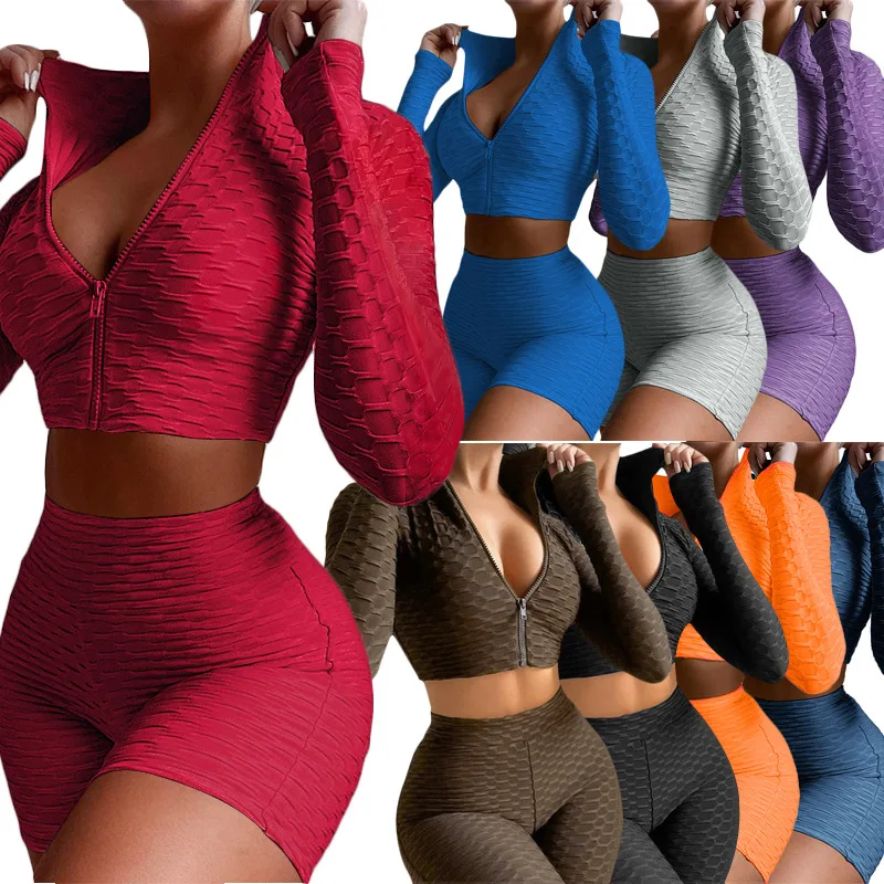 

Ladies sexy two-piece spring and autumn women's fashion casual solid color pineapple grid shorts sports suit women