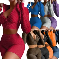 ladies sexy two piece spring and autumn womens fashion casual solid color pineapple grid shorts sports suit women