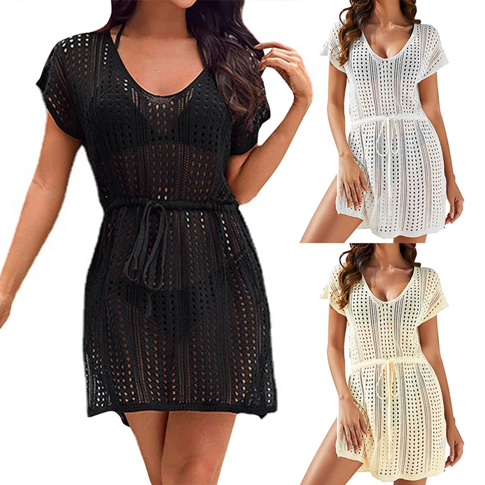 

Hollowed Out Beach Sunscreen Smock With Suspenders V Neck Swimsuit Smock