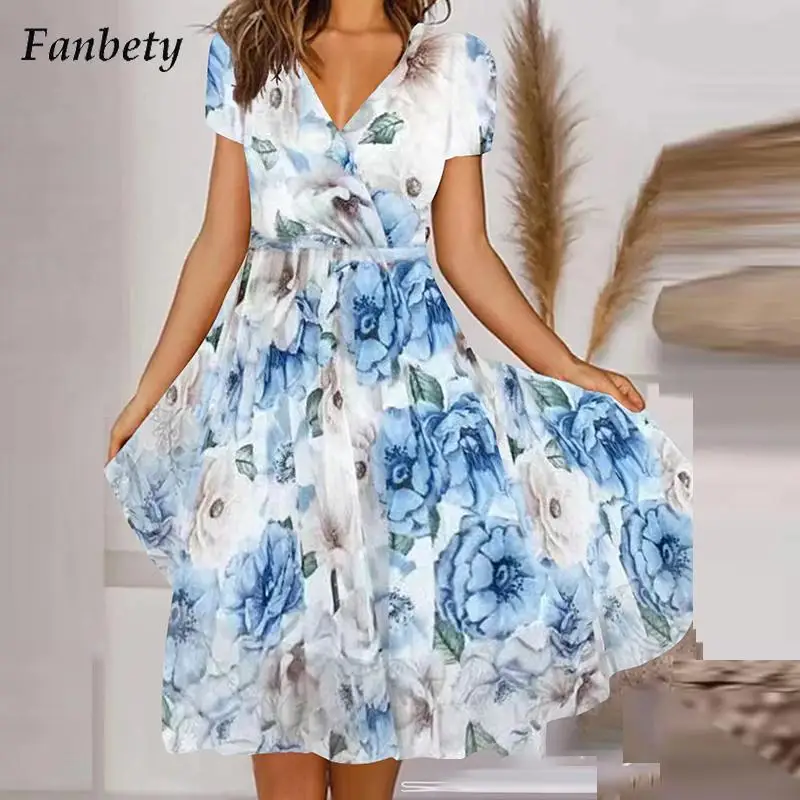 

Elegant Pattern Print Party Dress Women Summer Fashion V Neck Long Dress Ladies Autumn Casual Short Sleeve A-Line Dress Vestido