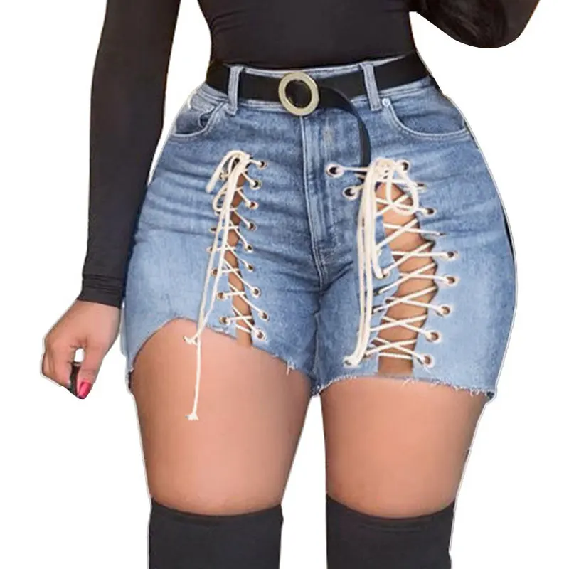 Sexy Lace-up Cutout Denim Shorts for Summer Women's High Waist Ripped Tassel Short Jeans Lace Lace Hot High Waisted Jeans Pants