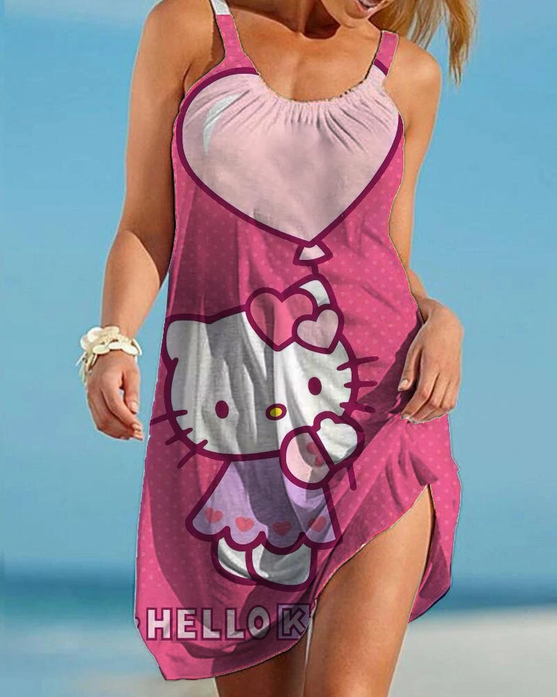 

Summer Hello Kitty ​Women Sexy Beach Dresses 3D Cartoon Tie Dye Rainbow Suspenders Vintage Beachwear Fashion Party Dress