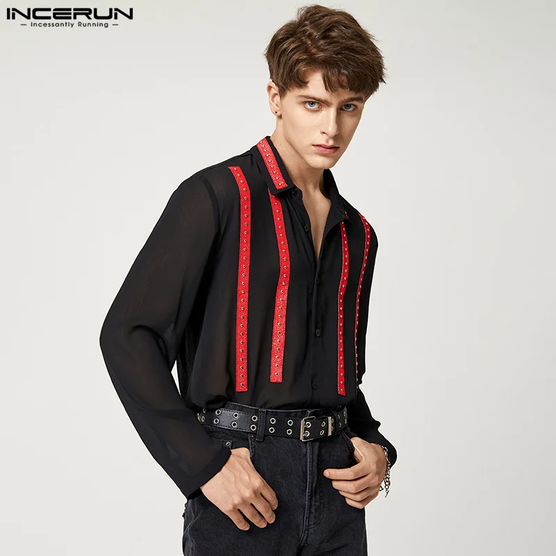 

INCERUN Мужская рубашка в стиле пэчворк с отложным воротником и длинным рукавом, модная сексуальная мужская одежда 2023, Свободные повседневные ...