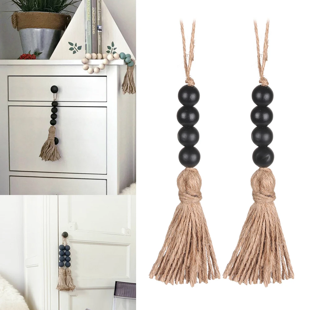 

Деревенский подарок, черная вешалка для одежды ручной работы с кисточками, подвеска для шкафа, деревянная гирлянда из бусин, подвесные укра...
