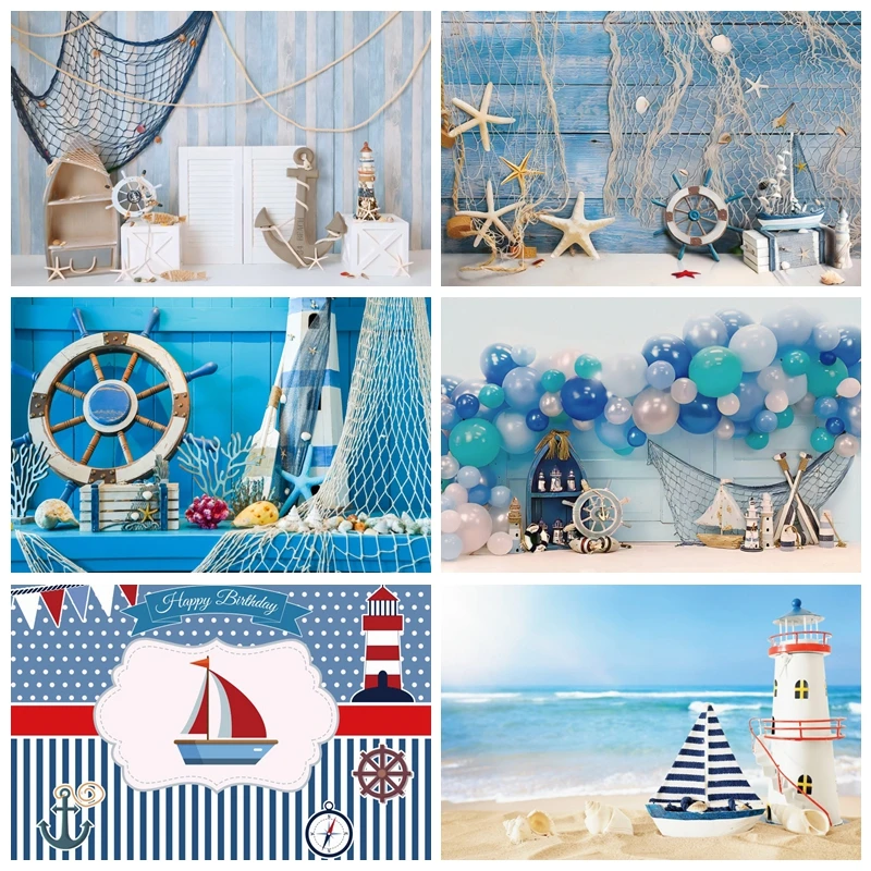 

Nautical Theme Baby Birthday Party Backdrop for Photography Sailboat Boat Starfish Wooden Board Sailor Portrait Photo Background