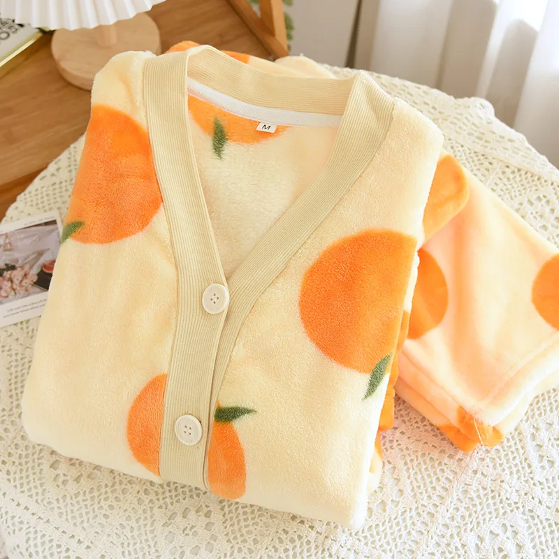 

Fdfklak New Women's Flannel Pajamas Suit Warm Autumn Winter Home Wear V Neck Cardigan Trousers Two Piece Sleepwear Sets