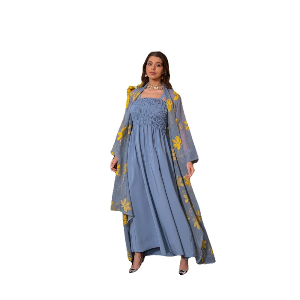 Abaya Femme Musulman 2 Pieces Blue Lace Yellow Embroidery Belt Elegant Dress Women Robe Abaya Dubai Turkey Muslim Hijab Dress