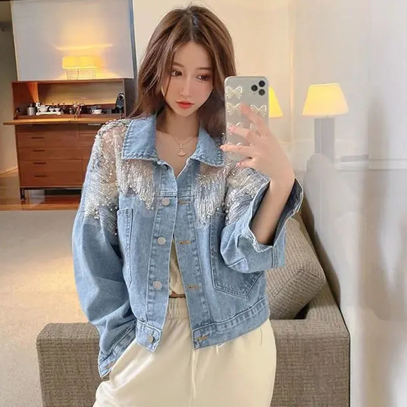 

New Beaded Diamond Mesh Stitching Spring Autumn Jacket Short Style European Station New Loose Thin Age-Reducing Denim Coats