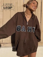 ledp casual aesthetic apparel vintage brown zip sweatshirt women y2k streetwear letters comfort print hoodie pocket jacket