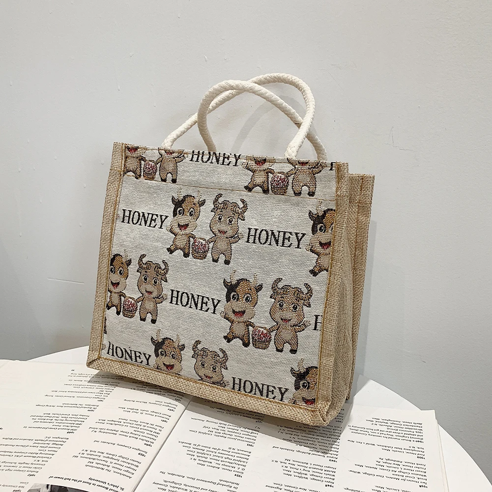 

New Fashion Women Handbags Totes Pack Cow Pattern Lunch Bag Tote Cartoon Linen Food Container Picnic Travel Handbags
