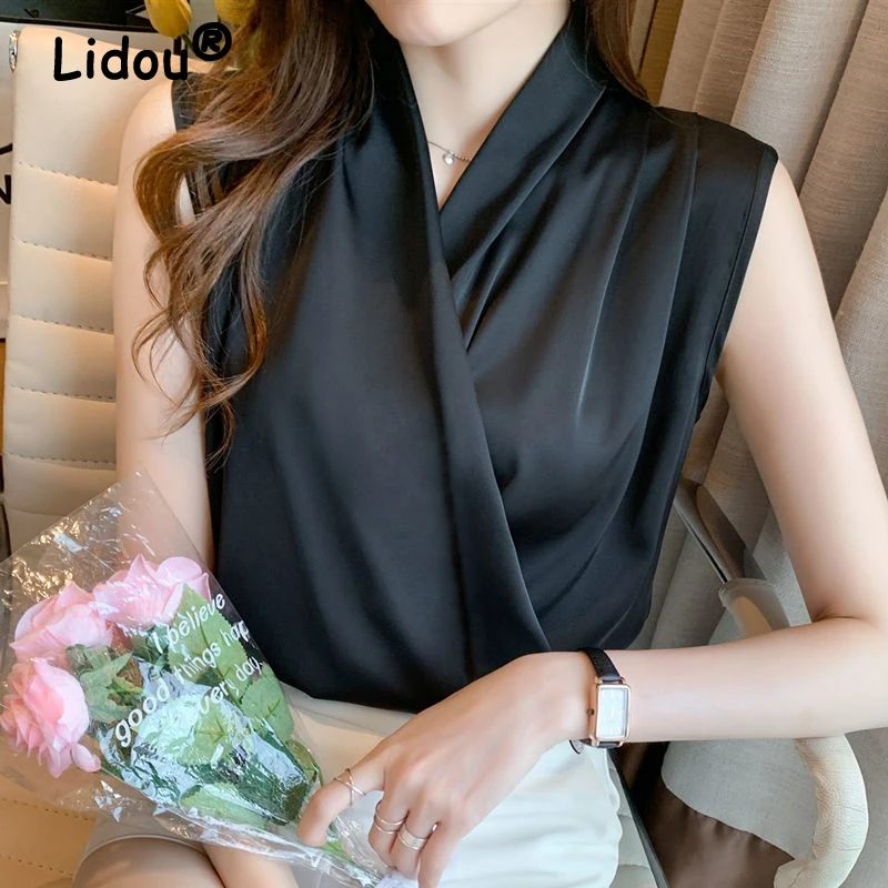 

Sleeveless Cross Neck Black Chiffon Shirt Summer Korean Style Elegant Blouse Professional Office Lady Causal Shirt for Female