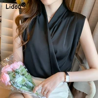 sleeveless cross neck black chiffon shirt summer korean style elegant blouse professional office lady causal shirt for female