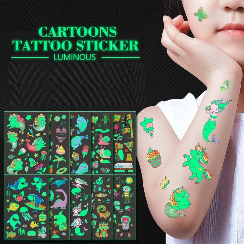 

New Glowing Tattoos Fake Tattoo Stickers for Children Animal Cartoon Temporary Tattoo Woman Waterproof for Kids Pokemon Tattoo