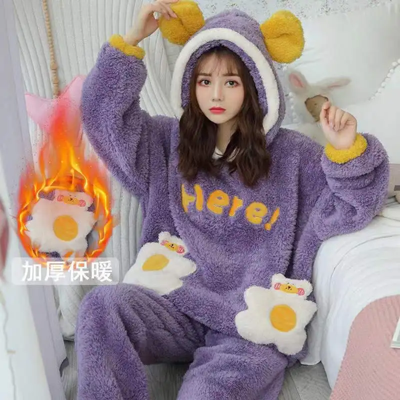 Winter Women Hooded Pajama Sets Cute Rabbit Sleepwear Home Clothing Flannel Thicken Warm Lounge Long Sleeve Home Wear