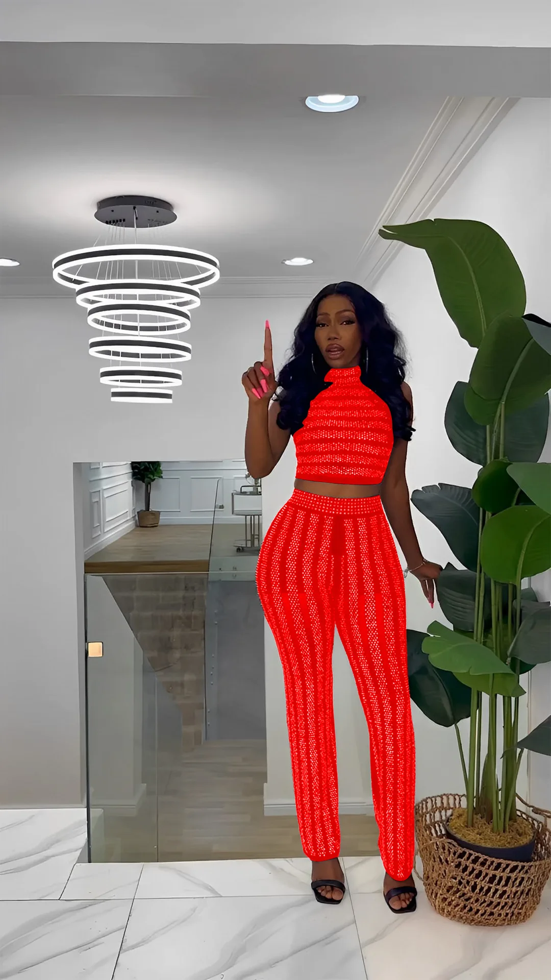 

Женский однотонный комплект из 2 предметов, топ без рукавов с круглым вырезом и брюки со стразами, летняя сексуальная одежда