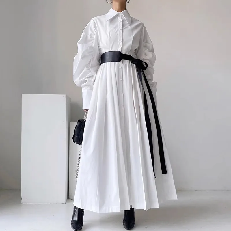 

Женское весенне-осеннее белое платье с длинным рукавом женское шикарное платье трапециевидной формы с высокой талией для отпуска TB1471