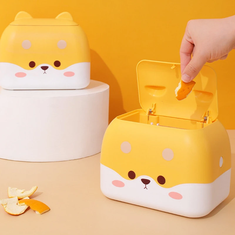

Cute Desktop Storage Box Living Room with Lid Garbage Basket Tissue Box Cartoon Double-layer Desk Top Pressing Waste Trash Bins