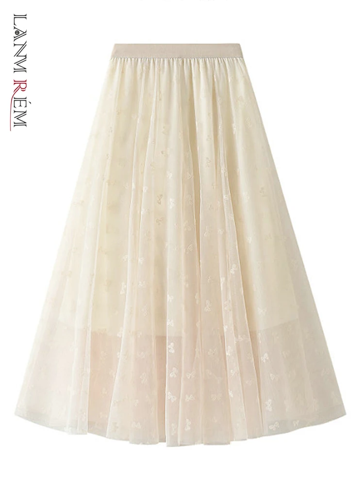 

LANMREM Flocking Gauze Skirt For Women Pleated Solid Color Mid-calf A-line High Waist Skirts Female Fashion 2022 Summer 2N446