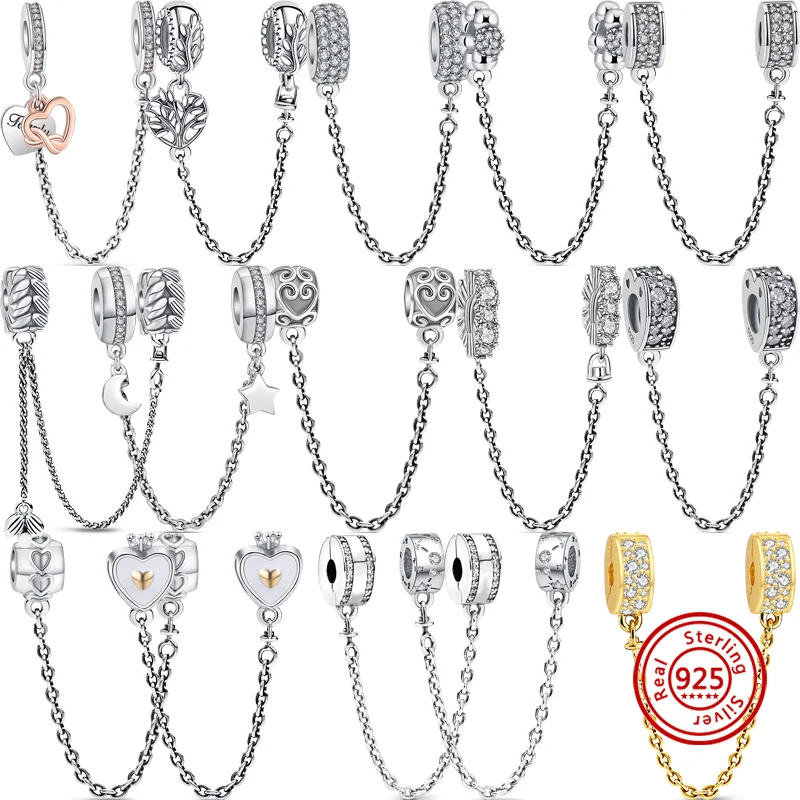

925 Silver Stars and Moons Family Trees Pave Sparkling Safety Chains Pendants Beads Fit Original Pandora Charms Bracelet Jewelry