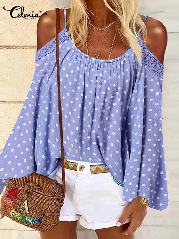 Celmia женская модная блузка с круглым вырезом летние топы в горошек на бретельках