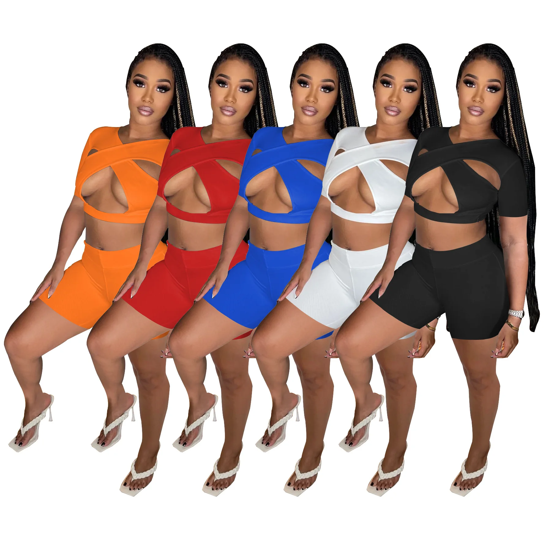 

Cross Topless Short-sleeved Shorts Two-piece Sexy Solid Solor Nightclub Style Suit Women