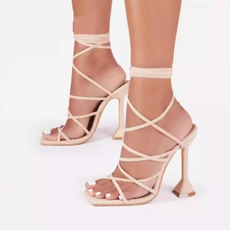 

New Summer Sexy Lace Up Women Sandals Toe Spike Heel Cross Tied Party Shoes High Heels Pumps